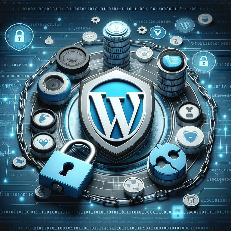 DALL·E 2023 12 05 11.37.53 An image representing WordPress security. The scene includes a WordPress logo shield surrounded by various symbols of security like a lock chain an