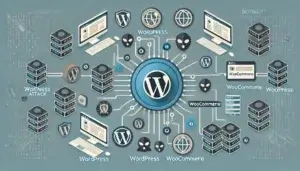 DALL·E 2025 03 09 19.38.28 A professional and clear infographic style image illustrating a botnet attack on a WordPress and WooCommerce website. Represent the botnet with interc