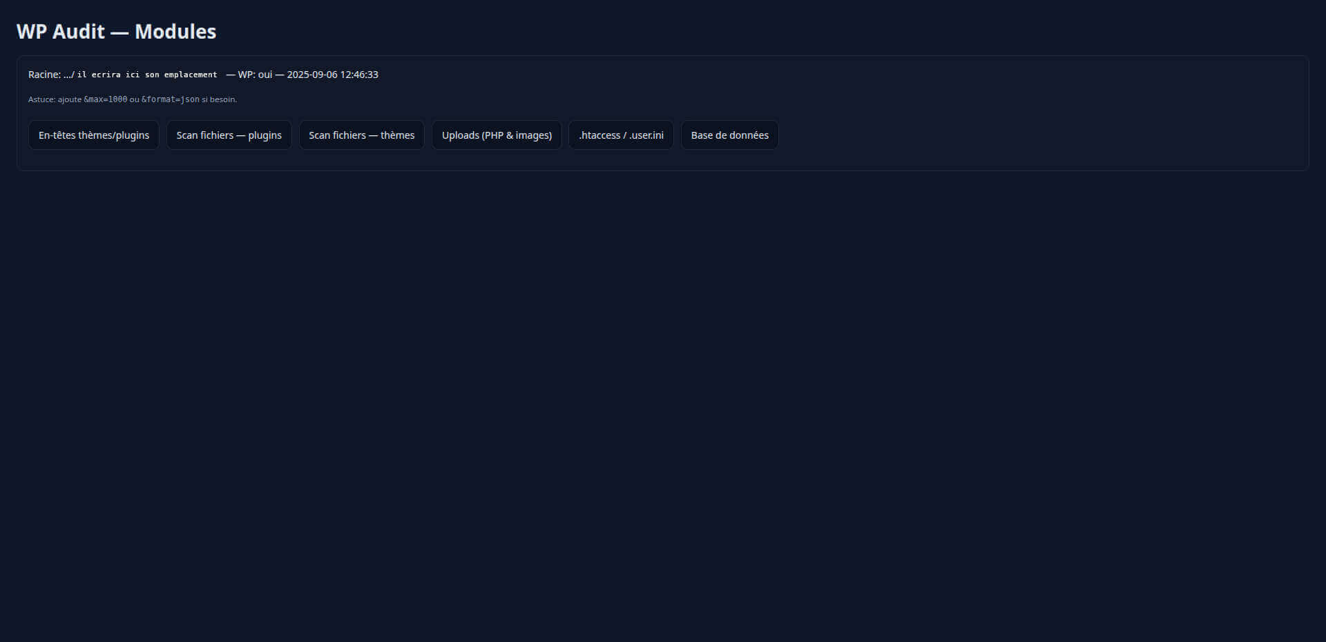 audit_index.php c'est le tableau de bord de ce module multi composant. audit_index.php c'est le tableau de bord de ce module multi composant.