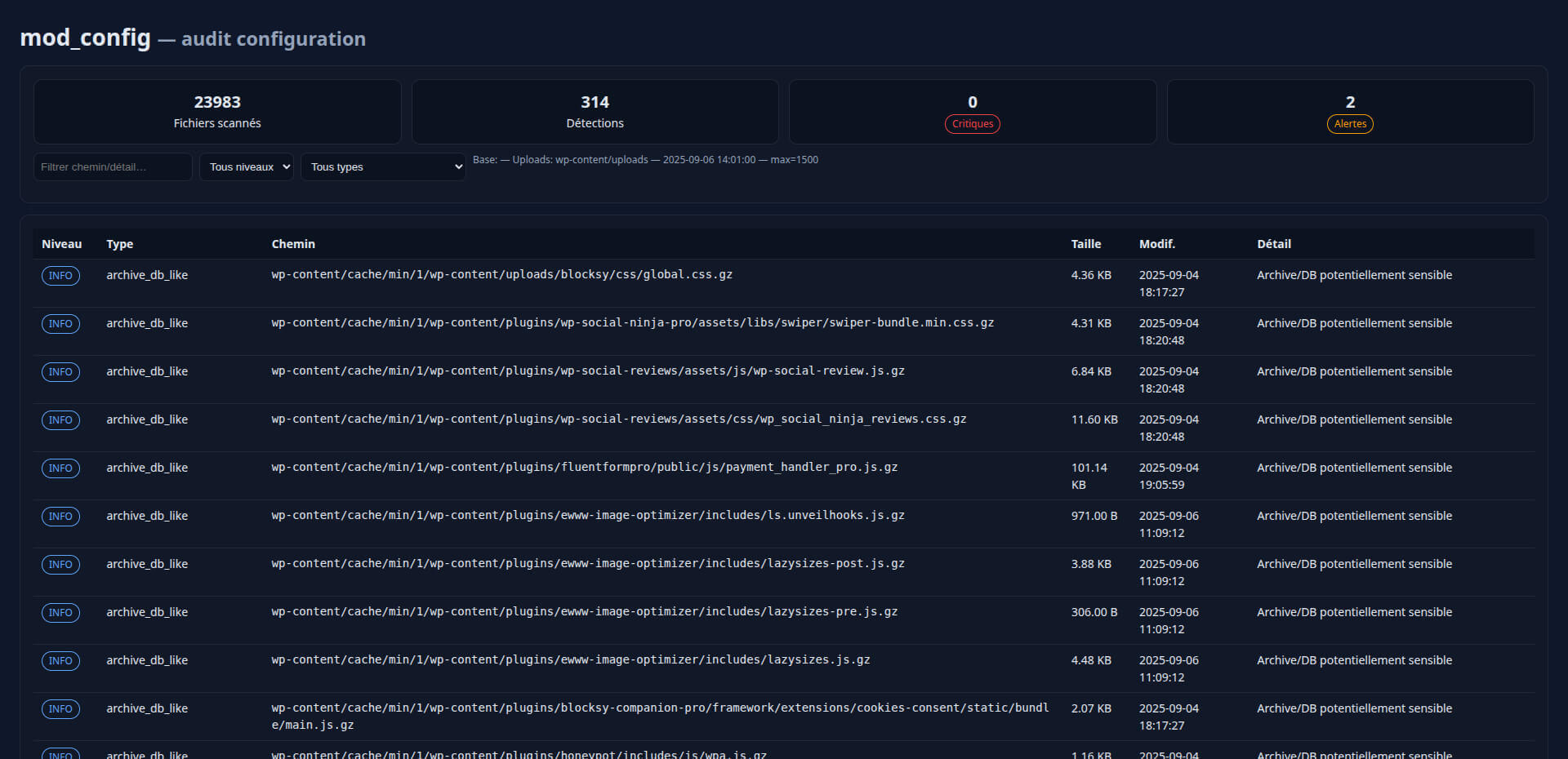mod_config.php vérifie les fichiers de configuration du serveur web. C'est essentiel, car une configuration compromise peut annuler les protections de code les plus robustes. mod_config.php vérifie les fichiers de configuration du serveur web. C'est essentiel, car une configuration compromise peut annuler les protections de code les plus robustes.