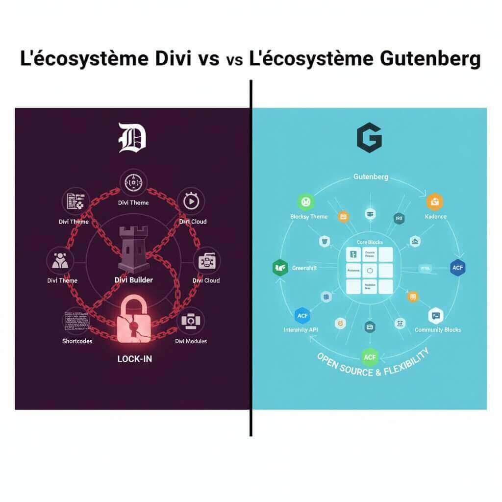WordPress 6.9 : Le début de la fin pour Divi ? (Analyse d'Expert) 2 L'écosystème Divi vs écosystème gutenberg