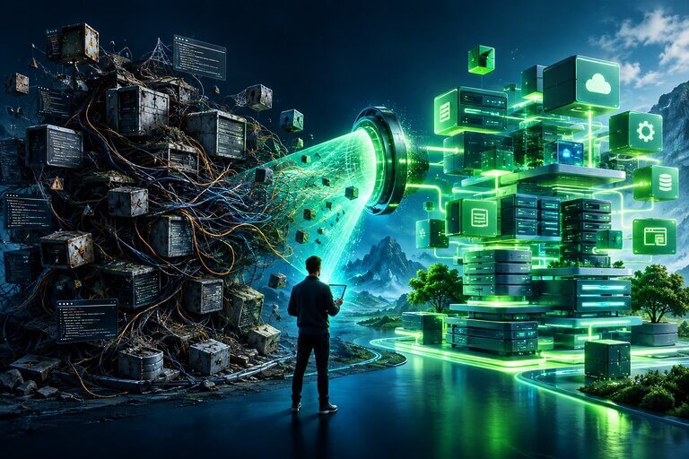 Dette technique WordPress : faut-il réparer, migrer ou reconstruire votre site ? 1 Wide cinematic conceptual illustration of WordPress technical debt audit, a complex aging digital architecture on one si…