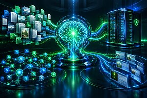 Wide cinematic futuristic sovereign AI knowledge engine, private glowing neural core connected to organized document fra…