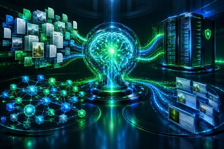 Créer un moteur de réponse IA souverain connecté à WordPress avec RAG, n8n et Qdrant 2 Wide cinematic futuristic sovereign AI knowledge engine, private glowing neural core connected to organized document fra…